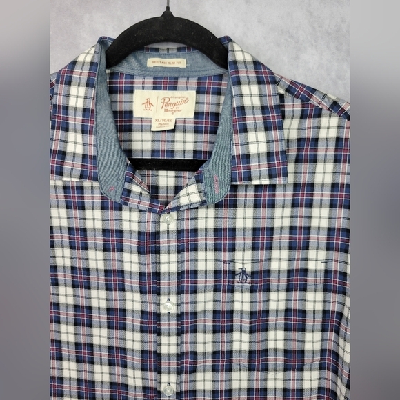 Original Penguin Men’s Blue White Red Crosshatch Button Down Heritage Slim Fit - Picture 3 of 10